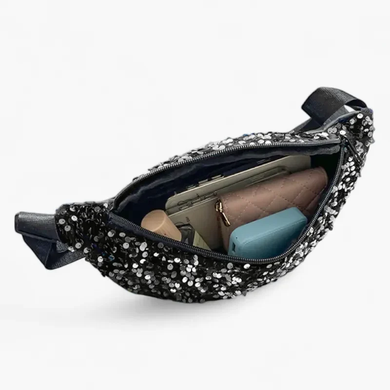 sac banana sequins noirs avec la poche ouverte