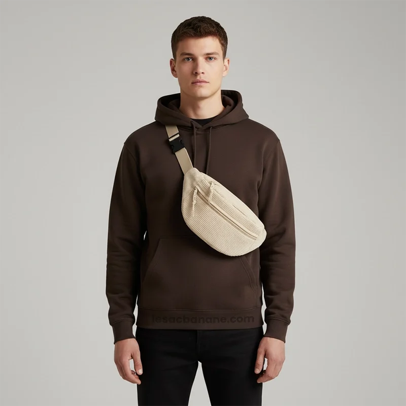 sac banane beige velours porté en bandoulière par un homme