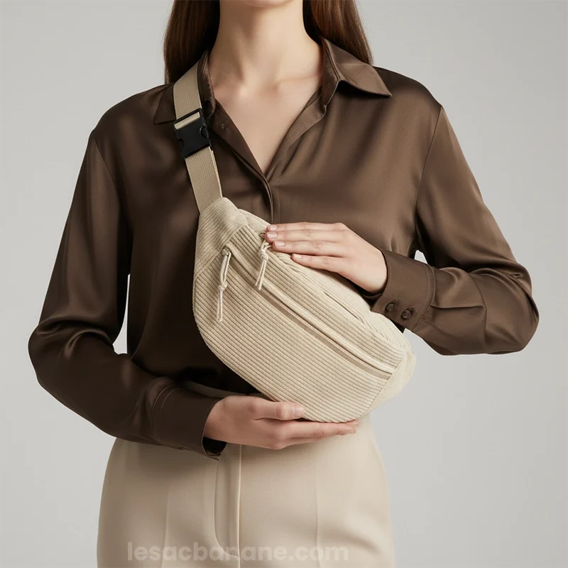 sac banane beige velours côtelé détails entre les mains d'une femme