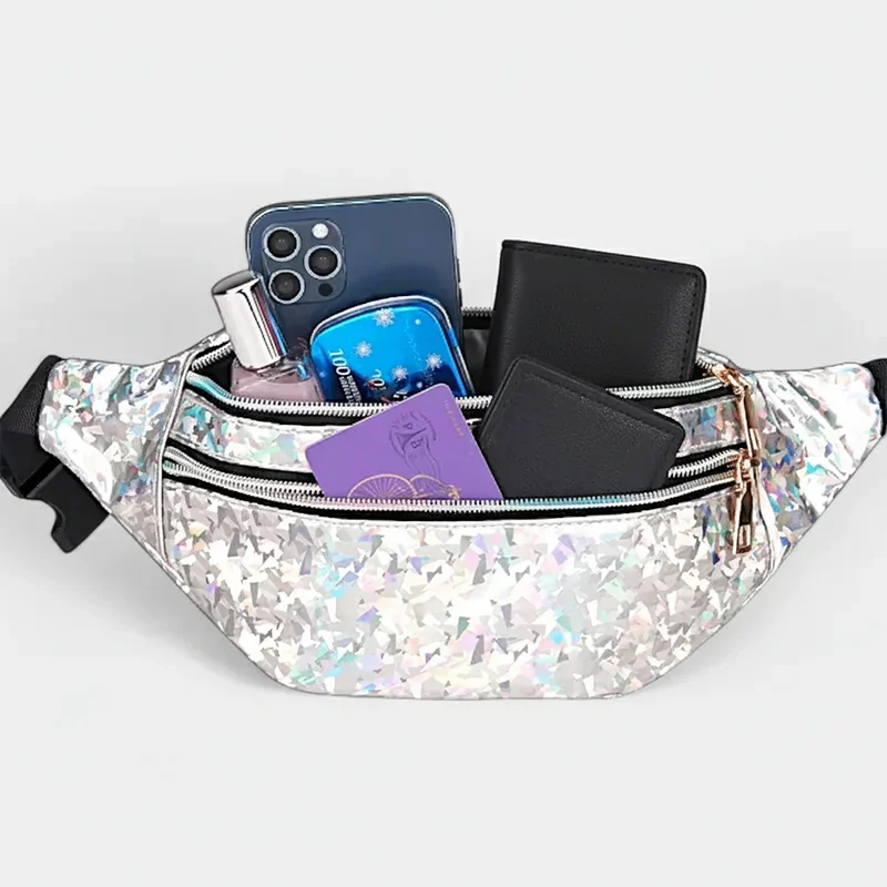 sac banane brillant avec des affaires sortant du sac