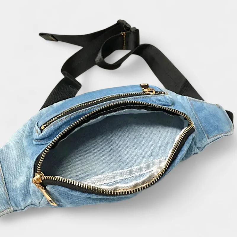 sac banane denim en jean clair poche ouverte