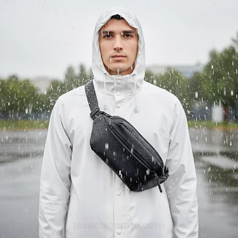 sac banane étanche noir porté en bandoulière par un homme sous la pluie