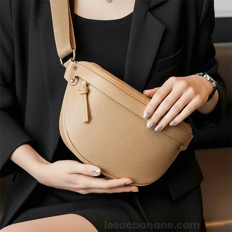 sac banane femme chic en cuir grainé marron beige détails porté dans les mains