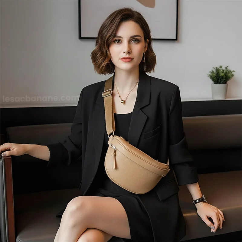 sac banane femme chic en cuir marron beige porté en bandoulière