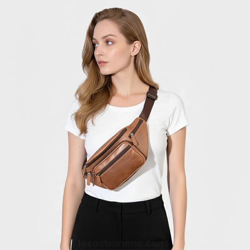 sac banane femme cuir beige porté en bandoulière