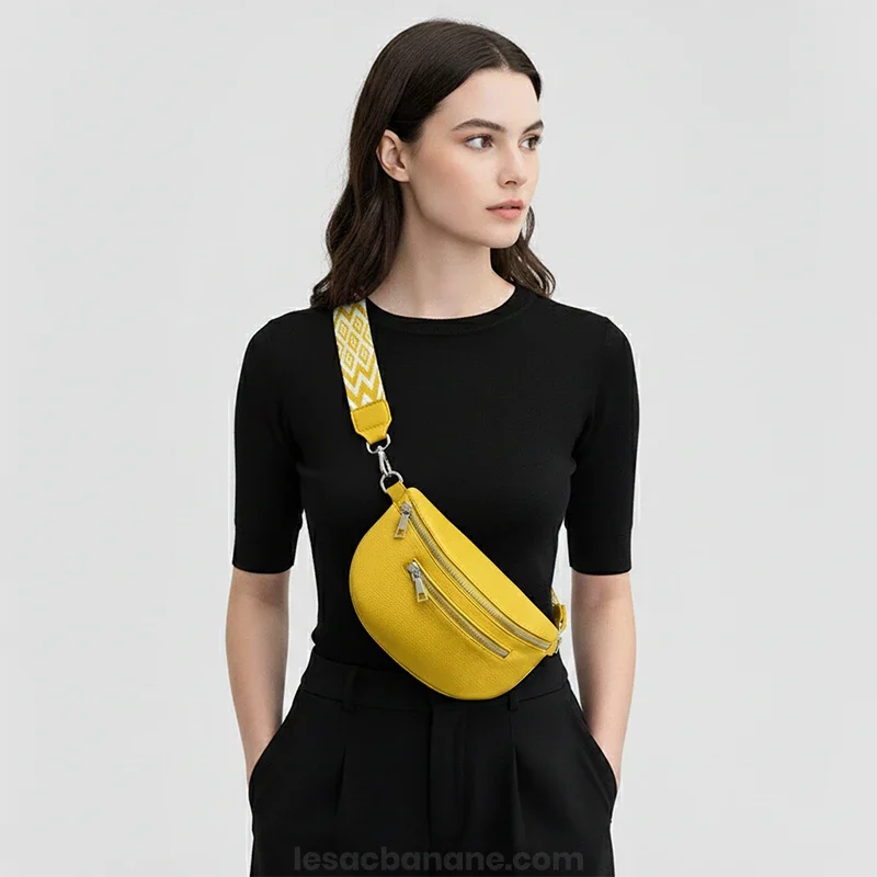 Sac Banane Femme Simili Cuir Fluo jaune porté en travers du corps avec lanière motif