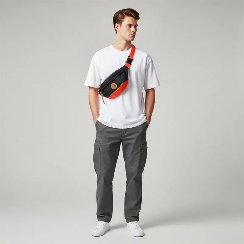 sac banane homme tendance noir et orange porté en bandoulière par un homme