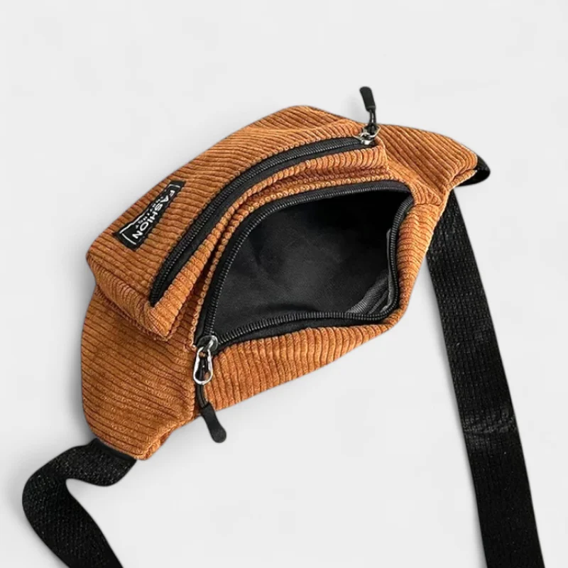 sac banane homme velours côtelé marron camel poche ouverte