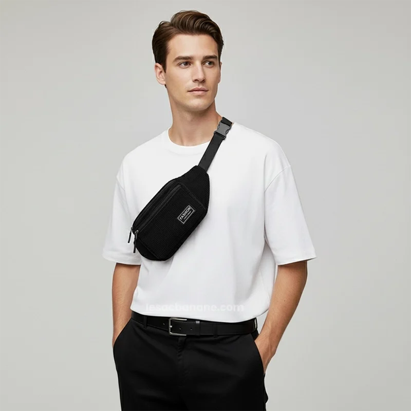 sac banane homme velours côtelé noir porté en bandoulière