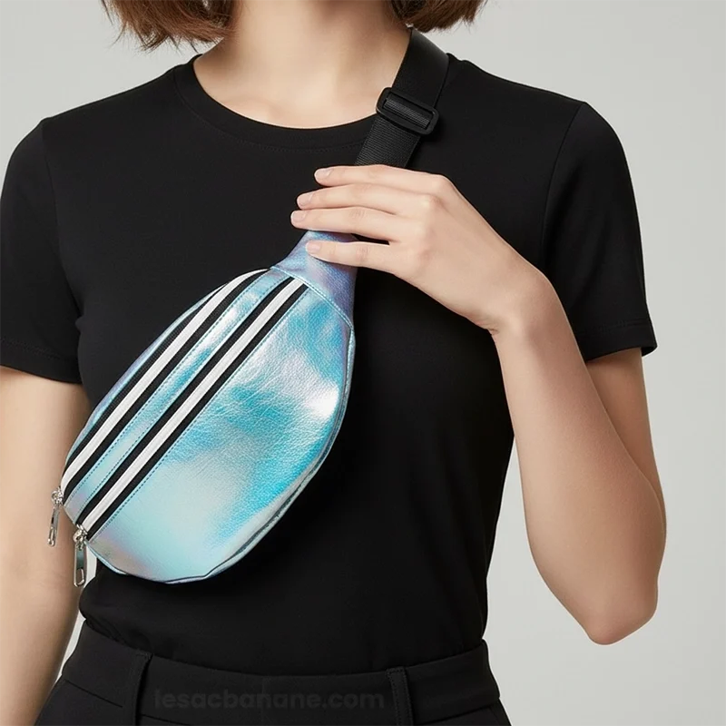 sac banane irisé bleu turquoise brillant détail main