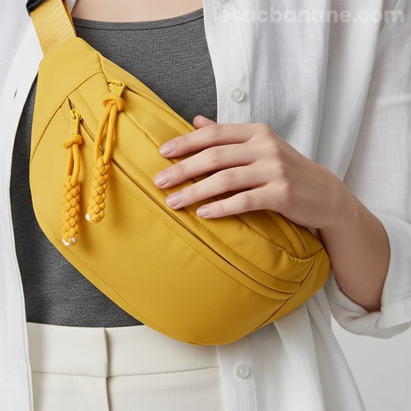 sac banane jaune tirettes tressées en scoubidous