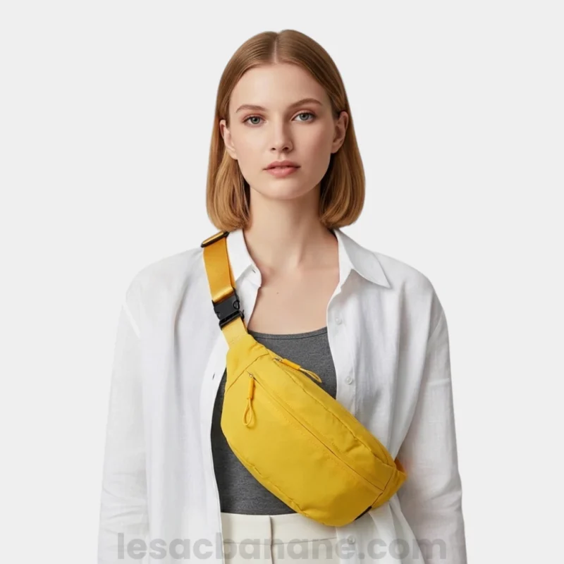 Sac banane jaune porté en bandoulière par une femme de face avec une sangle large à attache plastique