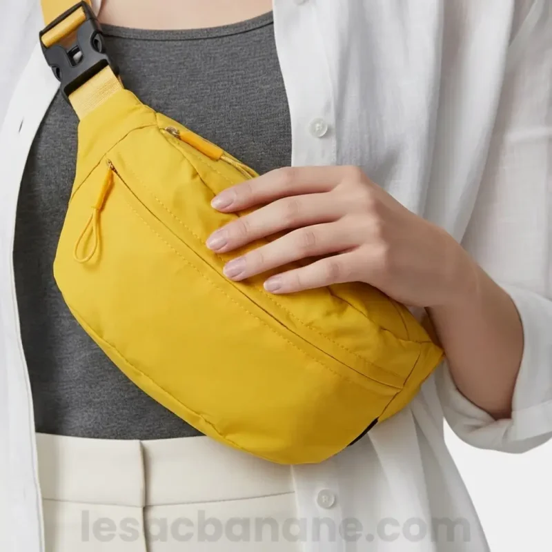 Sac banane jaune porté en bandoulière par une femme de face au style casual chic