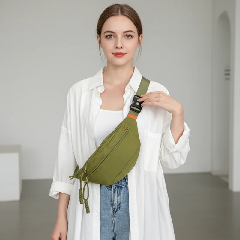 sac banane kaki porté en bandoulière par une femme