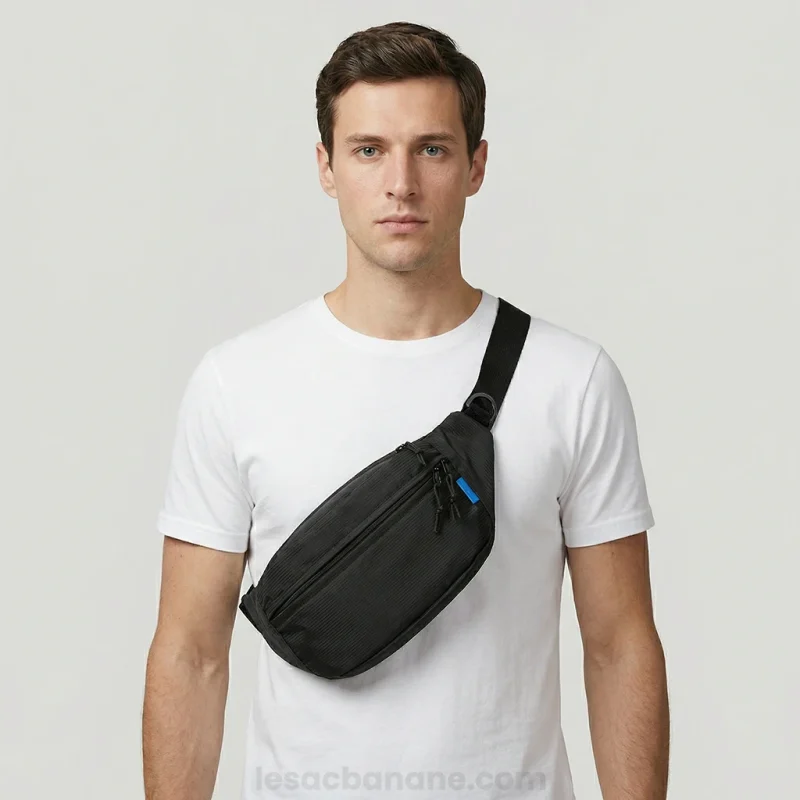 sac banane noir porté en bandoulière par un homme de face