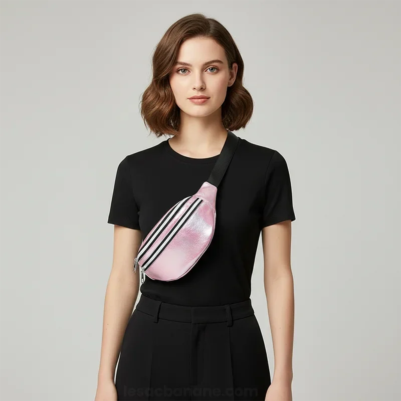 sac banane or rose porté en bandoulière par une femme habillée en noir