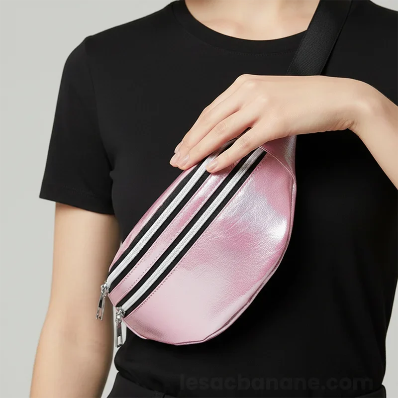 sac banane or rose détail du sac avec une main de femme posé dessus