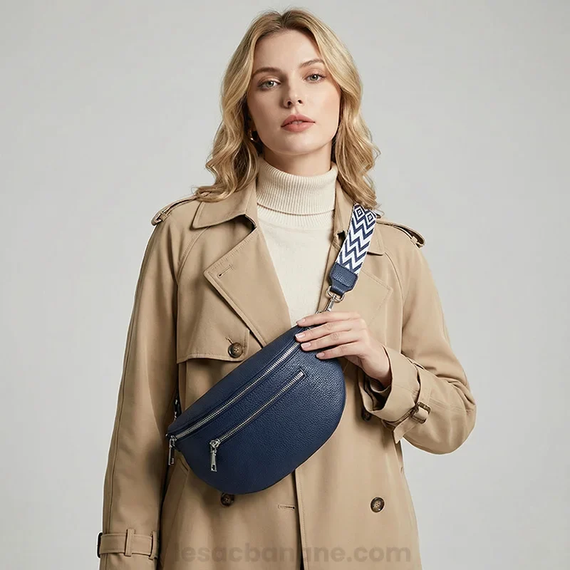 Une femme chic avec un sac banane en smili cuir bleu marine avec une bandoulière