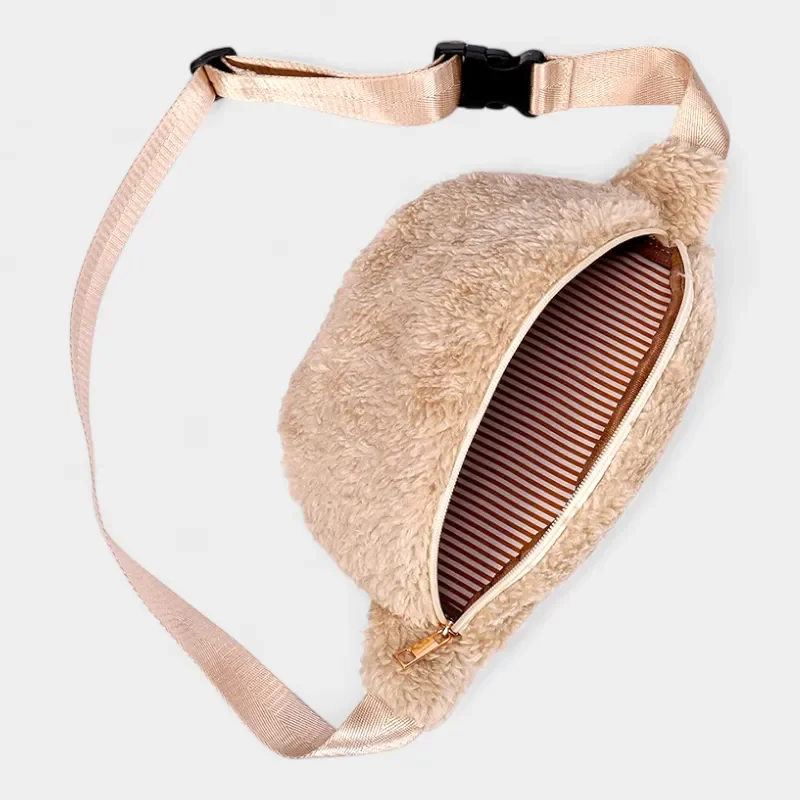 sac banane sherpa beige polaire doublure intérieure rayée marron et blanc