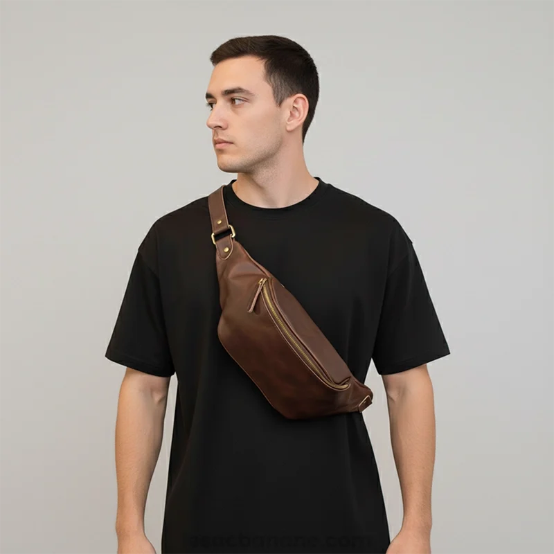 sac banane simili cuir marron porté en bandoulière par un homme