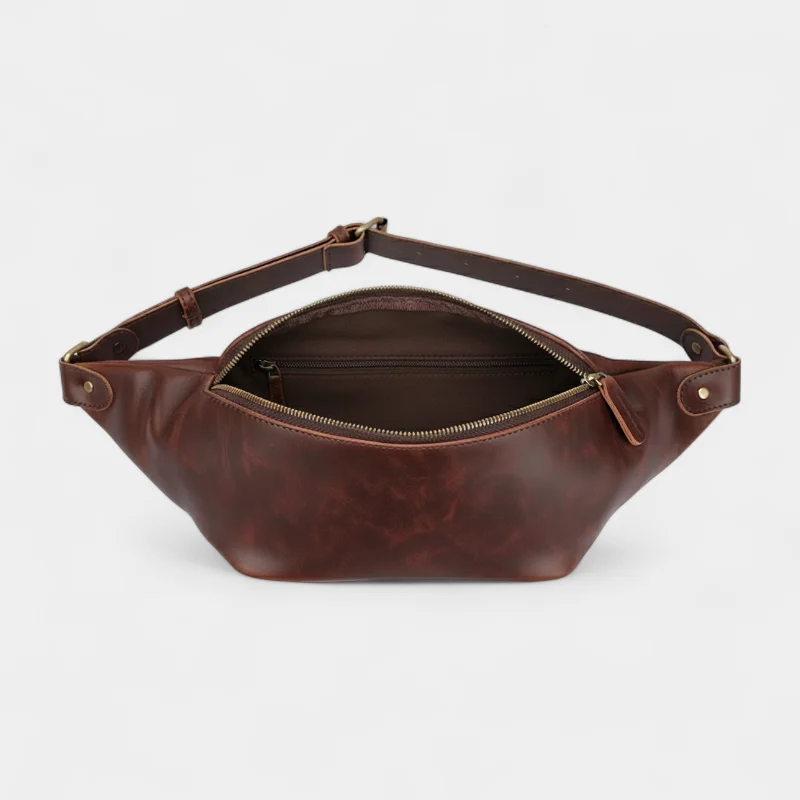 sac banane simili cuir marron poche intérieure zippée