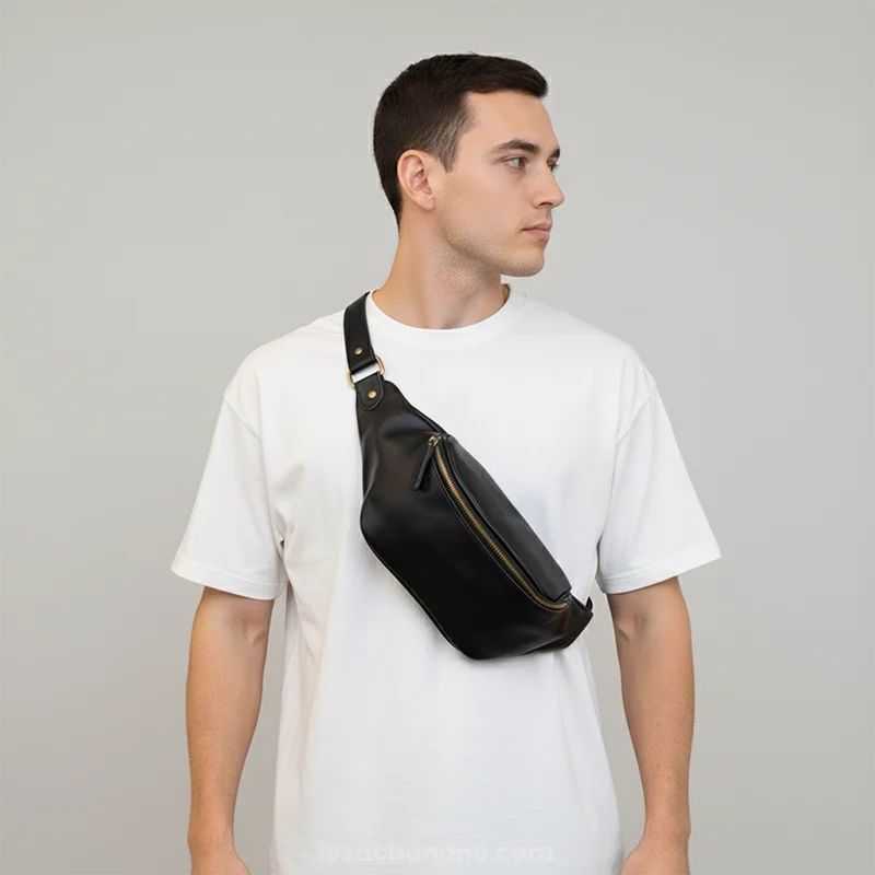 sac banane simili cuir noir porté en bandoulière par un homme