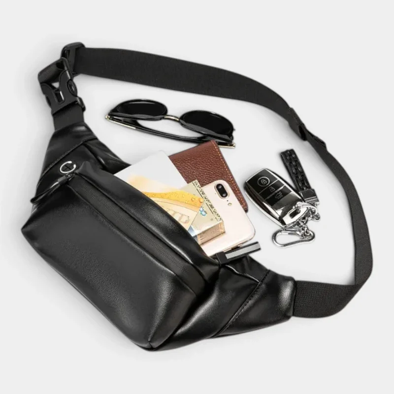 Sac banane en simili cuir noir, poche principale ouverte révélant un smartphone et des essentiels