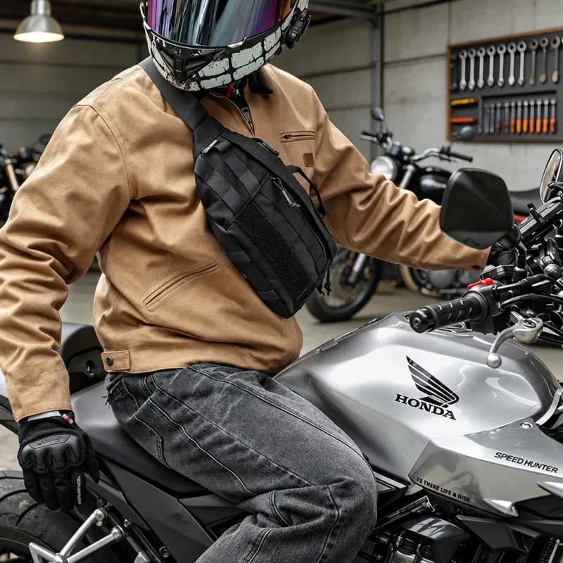 Sac banane tactique en nylon noir porté en bandoulière sur la poitrine par un motard assis sur sa moto
