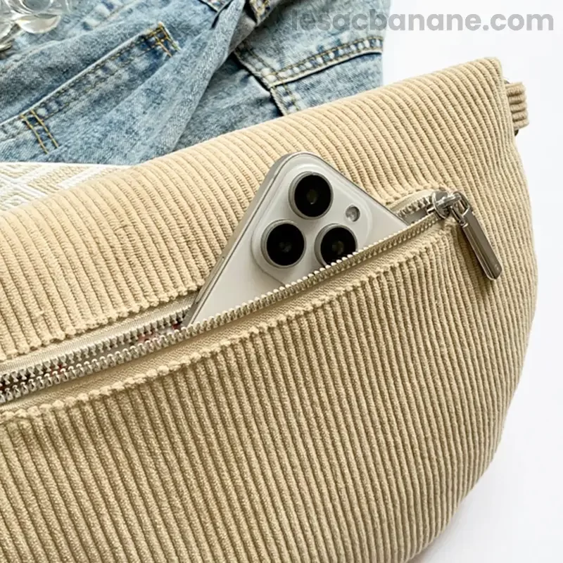 sac banane velours côtelé beige poche arrière