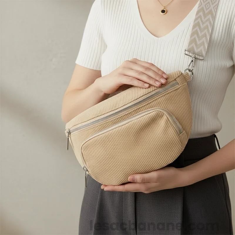 sac banane velours côtelé beige détails porté entre les mains d'une femme
