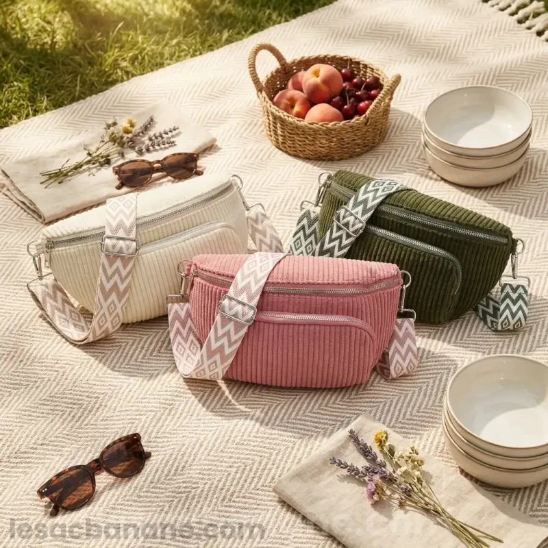 Sac banane velours côtelé blanc cassé, rose et vert kaki sur une nappe de piquenique en extérieur