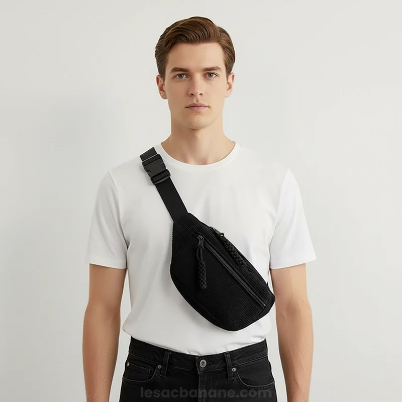 sac banane velours côtelé noir porté en bandoulière par un homme