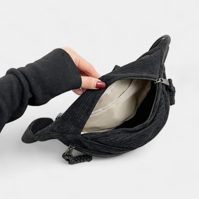 sac banane velours côtelé noir grande poche compartimentée