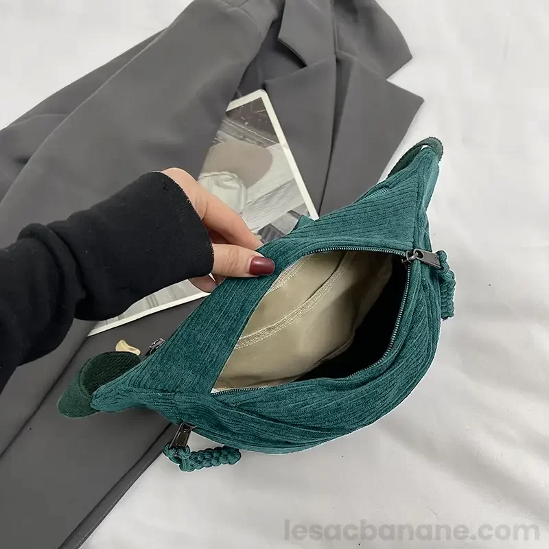 sac banane velours côtelé vert poche intérieure