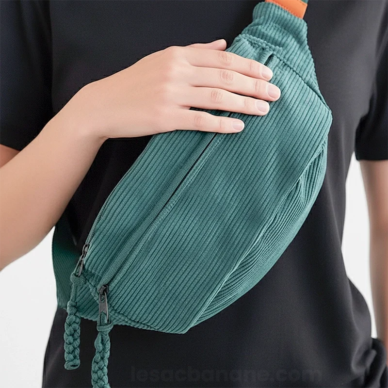 sac banane velours côtelé vert détail du velours côtelé avec une main posé sur le sac