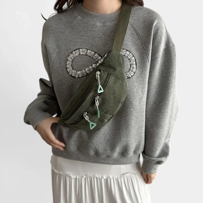 Sac banane velours côtelé vert kaki porté en bandoulière par une femme, au style casual