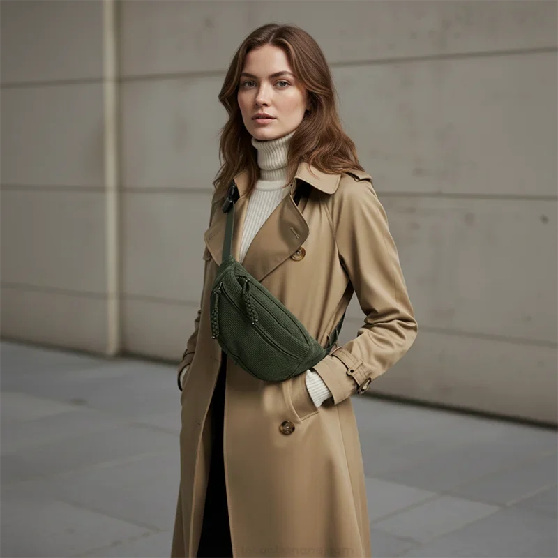 sac banane velours vert porté en bandoulière par une femme chic