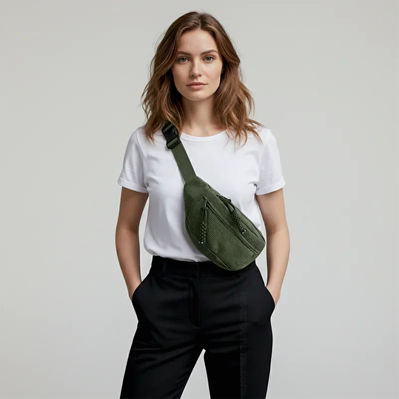 sac banane velours vert foncé porté par une femme en bandoulière