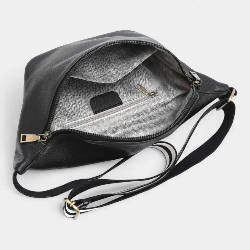Sac Banane XL Cuir noir avec intérieur gris chevronné et sangle rayée