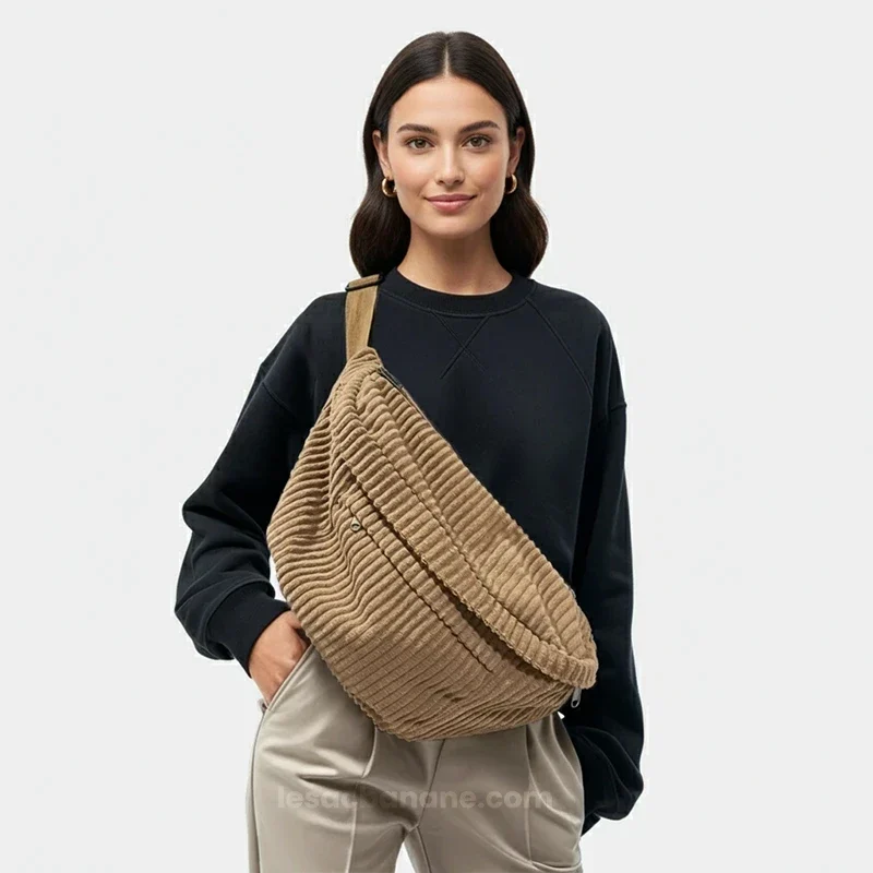 sac banane xl velours côtelé marron aux grosses côtes porté en bandoulière par une femme