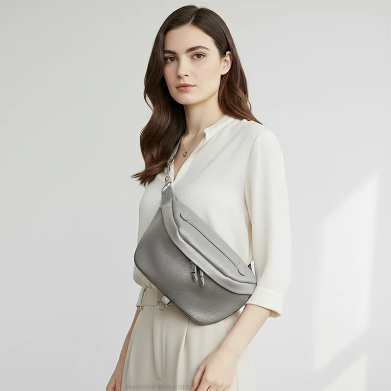 sac banane xxl femme cuir gris porté en bandoulière