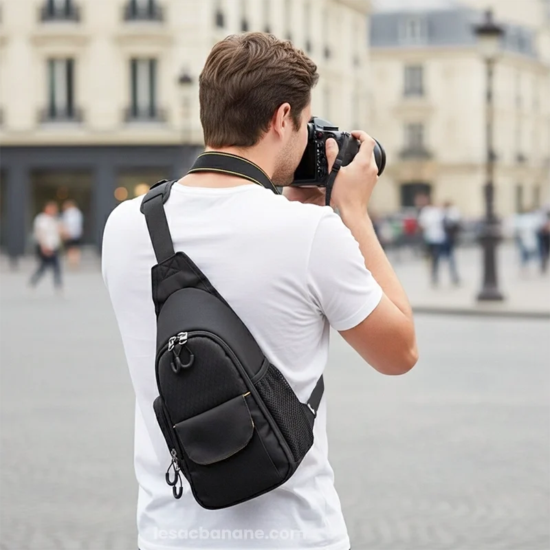 sac photo banane noir porté sur le dos par un homme photographe à Paris