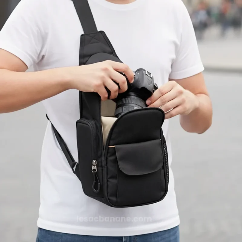 Sac banane porté en bandoulière par un homme qui range son appareil photo reflex dans le compartiment principal